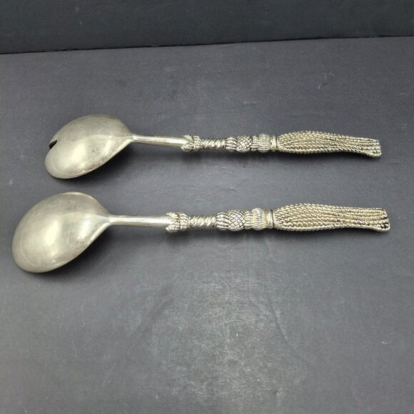 Silea Silver Plate Salad Serving Set Fork & Spoon Textured Rope Handle -Italy - Picture 4 of 14